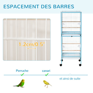 Grande cage à oiseaux sur pied à roulettes - volière double, mangeoires, perchoirs, plateau amovible - bleu