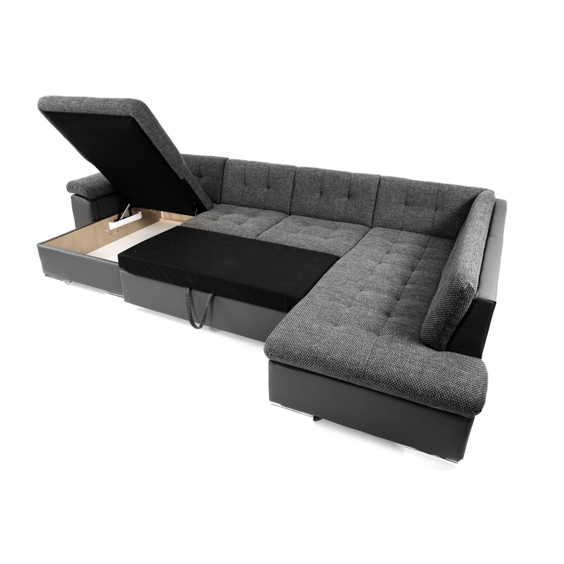 Chuck - canapé panoramique d'angle droit XXL - convertible avec coffre - 7 places - Noir / Gris