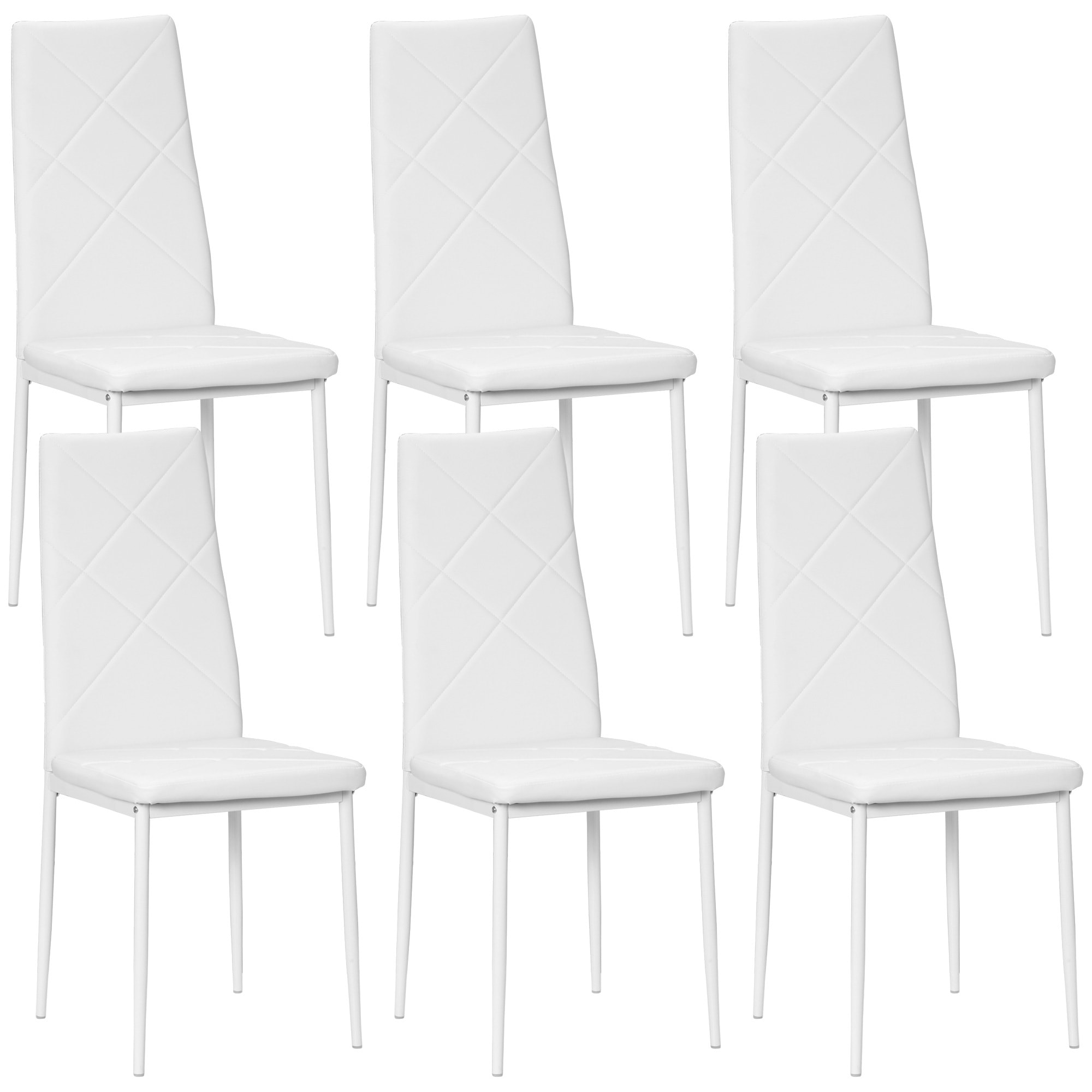 Pack de 6 Sillas de Comedor, Sillas de Cocina Modernas, Tapizadas de Cuero Sintético, Respaldo Alto, Asiento Acolchado, Patas de Acero, Blanco