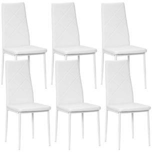 Pack de 6 Sillas de Comedor, Sillas de Cocina Modernas, Tapizadas de Cuero Sintético, Respaldo Alto, Asiento Acolchado, Patas de Acero, Blanco