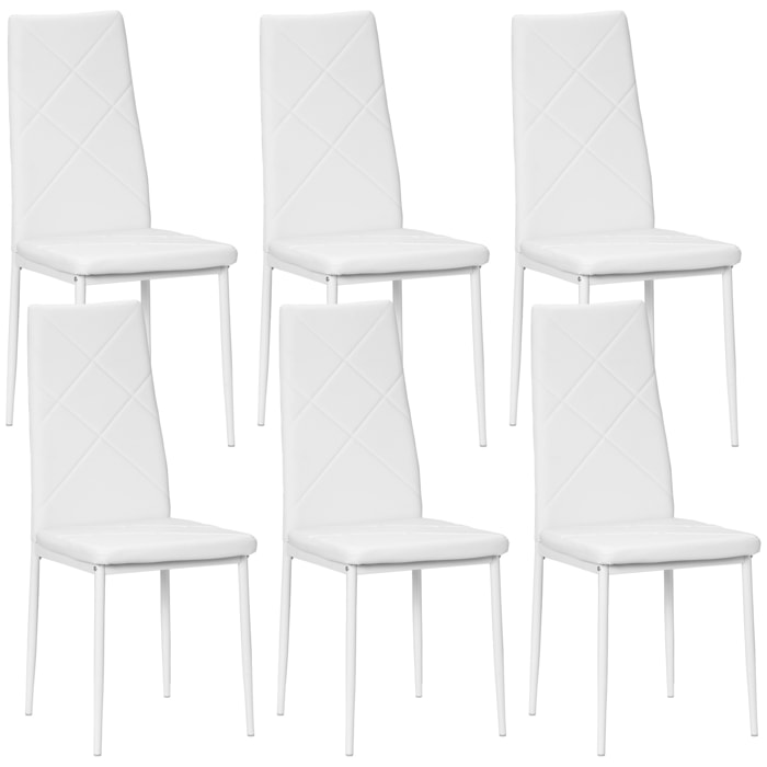 Pack de 6 Sillas de Comedor, Sillas de Cocina Modernas, Tapizadas de Cuero Sintético, Respaldo Alto, Asiento Acolchado, Patas de Acero, Blanco