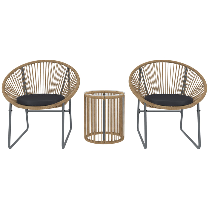 Conjunto de Jardín Exterior de 3 Piezas Juego de 2 Sillas y Mesa de Ratán con Cojines Acolchados y Encimera de Vidrio Templado para Balcón Terraza Natural