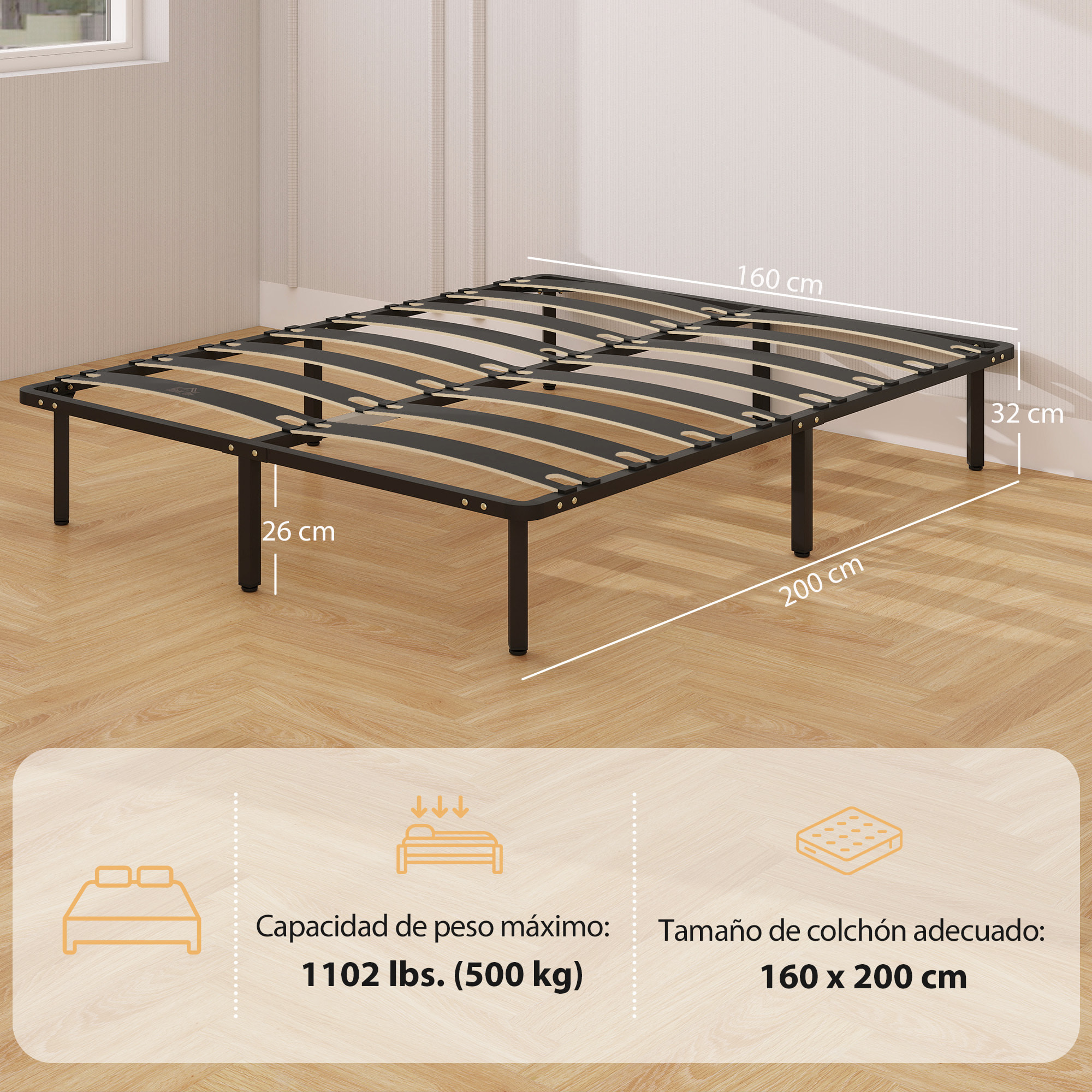 Somier 160x200 cm, Altura 26 cm, Estructura de Cama de Plataforma de Acero con Espacio de Almacenamiento Debajo y Láminas de Álamo, Fácil de Montar, Carga 350 kg, Negro