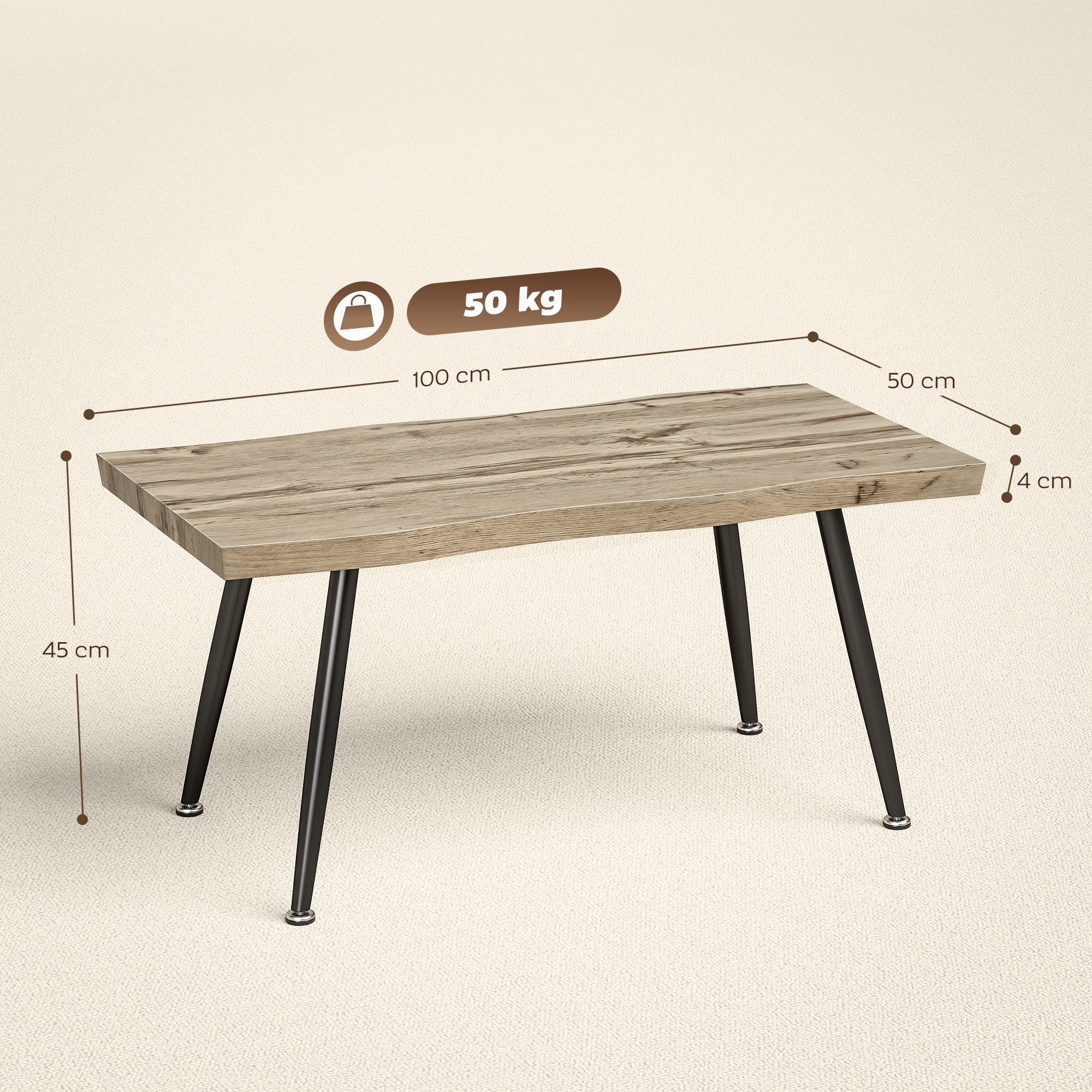 Mesa de Centro Curva, Mesa baja para Salón Moderno con Tablero Grueso de 4 cm, Patas de Acero, para Sala de Estar, Dormitorio, 100x50x45 cm, Roble