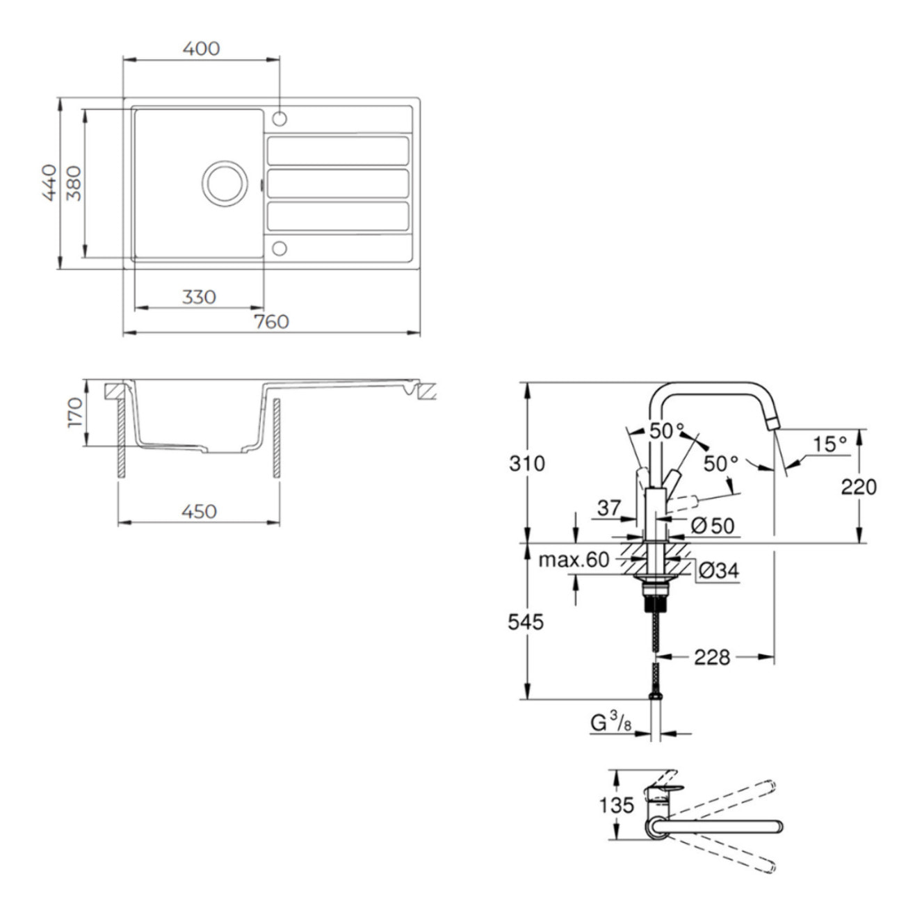 76x44 cm évier avec égouttoir réversible en Granite, à encastrer, blanc + mitigeur lavabo/cuisine Grohe Start (SATSE3WG3047)