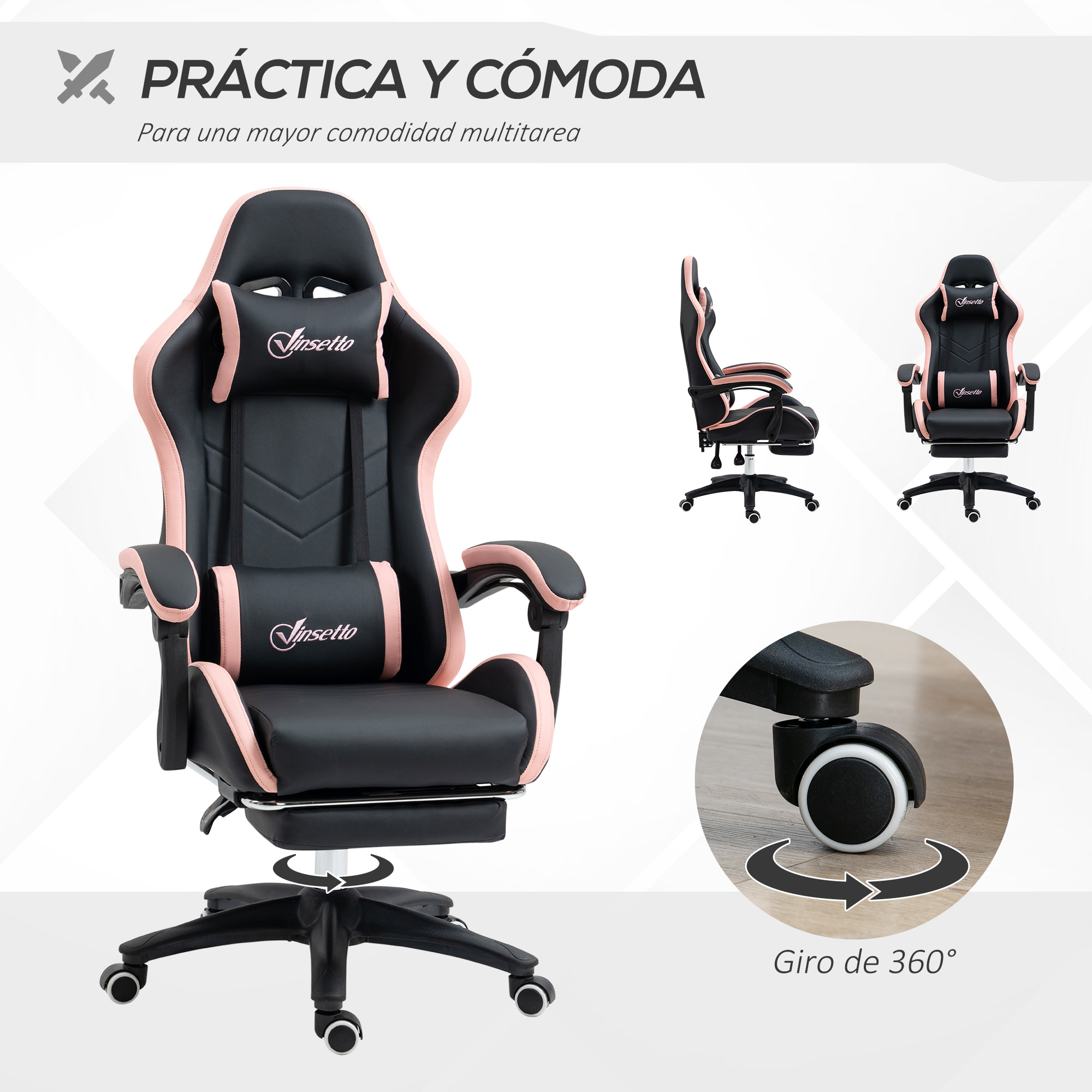 Silla Gaming Silla Gamer Racing de Cuero PU con Altura Ajustable Reclinable 135° Reposacabezas y Reposapiés Retráctil para Oficina Estudio 65x65x121-129 cm Negro