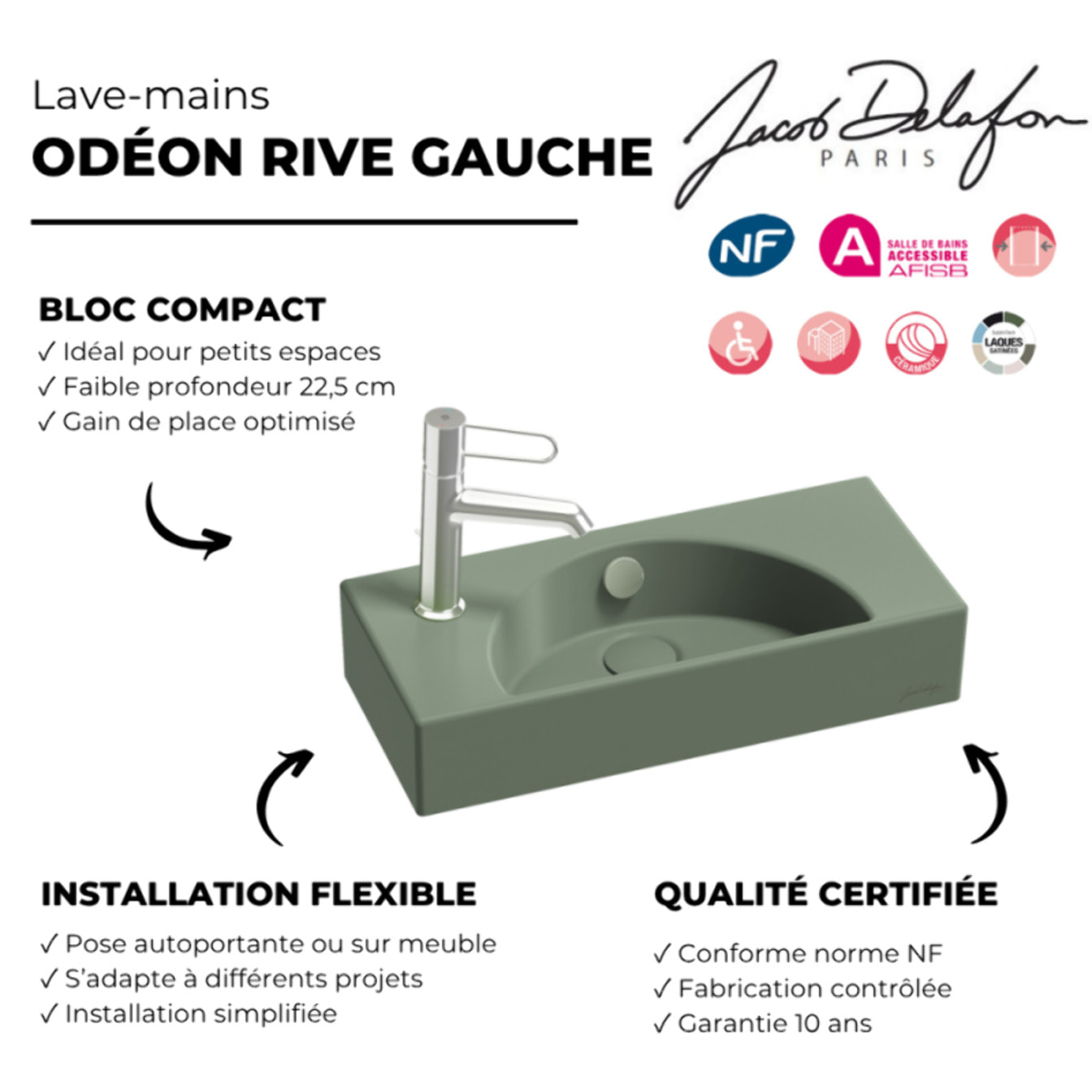 Lave-mains compact 50 cm Odéon Rive Gauche 1 trou de robinetterie à gauche Kaki satiné