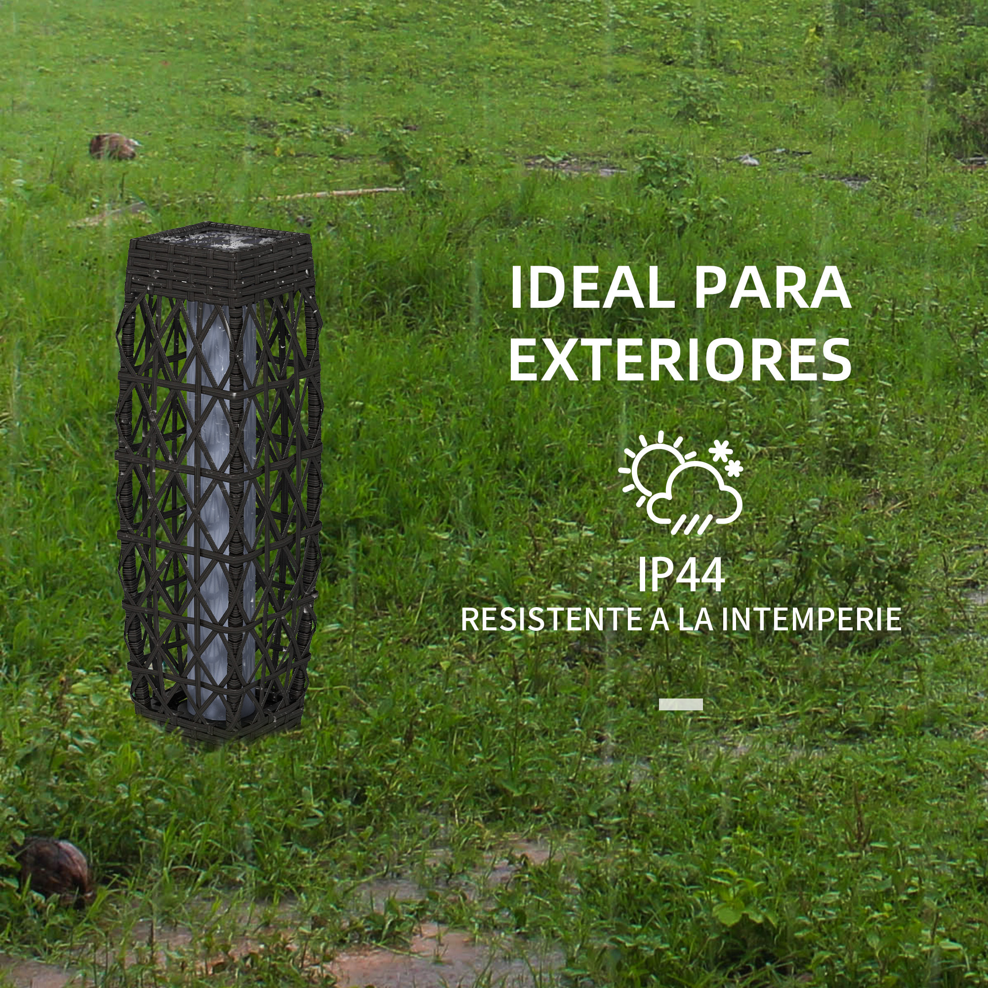 Linterna de Jardín de Ratán Sintético Farola Solar con Luces LED Encendido y Apagado Automático para Terraza Balcón Patio 20x20x68 cm Gris