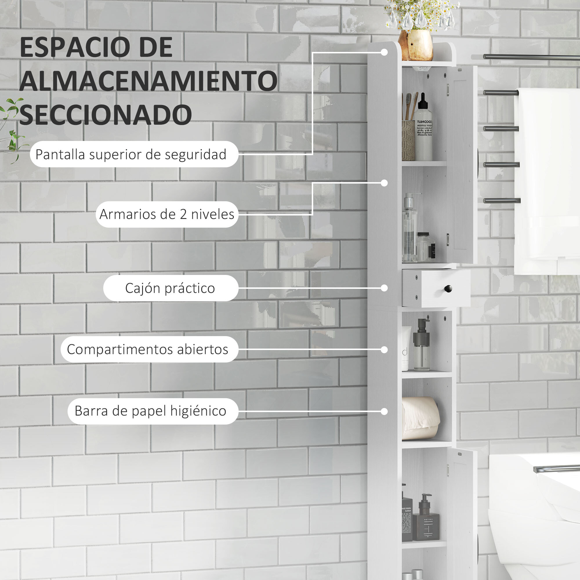 Columna de Baño Estrecha con 2 Puertas Armario Alto de Baño Rústico con Cajón Compartimento Abierto Estantes Ajustables y Portarrollos 20x20x185 cm Blanco
