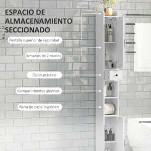Columna de Baño Estrecha con 2 Puertas Armario Alto de Baño Rústico con Cajón Compartimento Abierto Estantes Ajustables y Portarrollos 20x20x185 cm Blanco