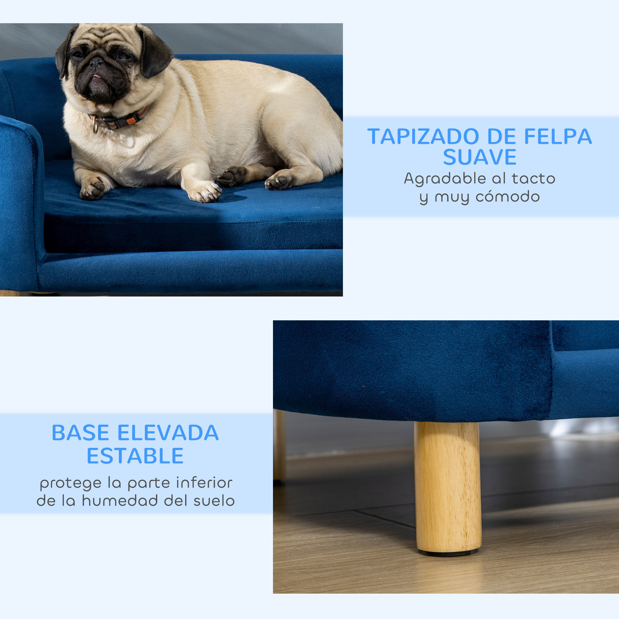 Sofá para Perros Pequeños, Cama para Perros Elevada con Patas de Madera, Cojín Desmontable y Funda Lavable, Carga 10 kg, 86x55x33 cm, Azul
