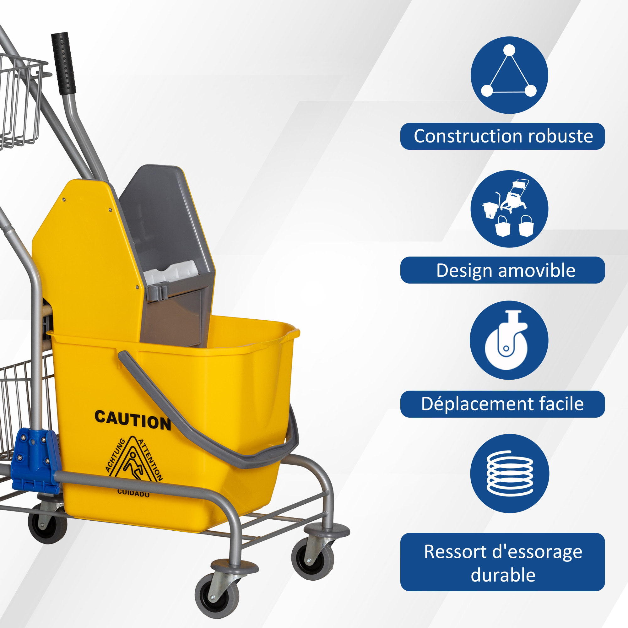 Chariot de lavage chariot de nettoyage professionnel en acier presse à mâchoire seau + rangements jaune