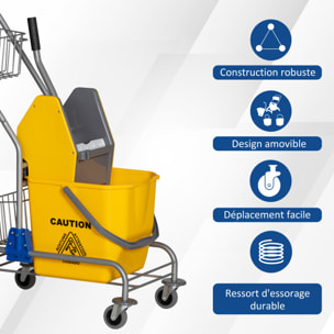 Chariot de lavage chariot de nettoyage professionnel en acier presse à mâchoire seau + rangements jaune