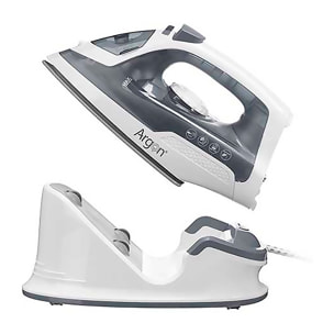 Plancha inalámbrica gris con suela cerámica, 1600W de potencia y 170ml de capacidad.