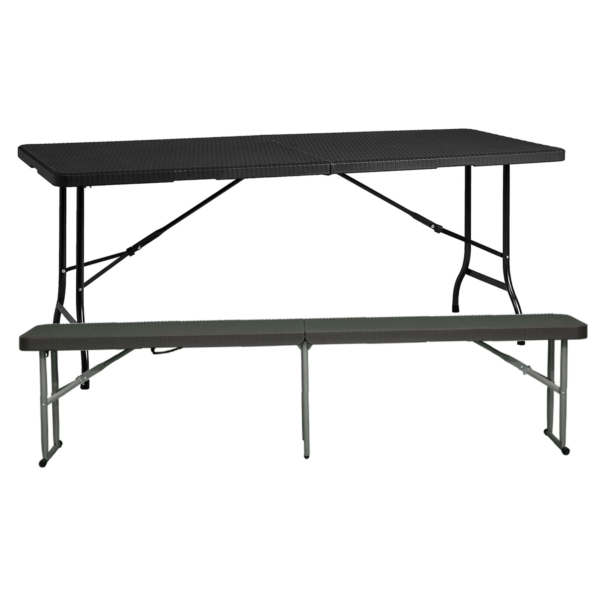 Mesa plegable multifuncional 180x74x74cm y banco plegable 183x30x43cm, con asas para facilitar su desplazamiento, efecto ratán