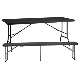 Mesa plegable multifuncional 180x74x74cm y banco plegable 183x30x43cm, con asas para facilitar su desplazamiento, efecto ratán