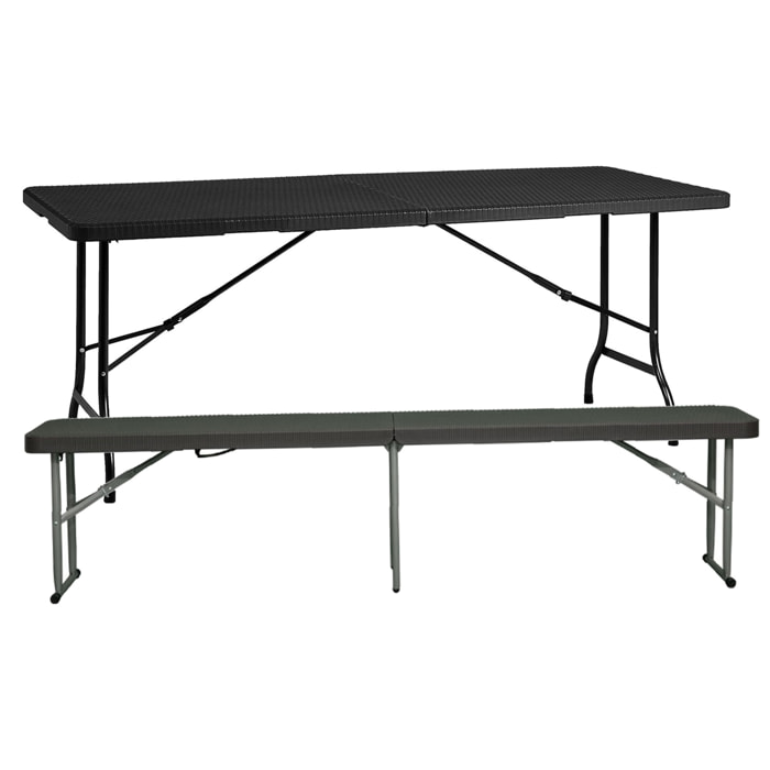 Mesa plegable multifuncional 180x74x74cm y banco plegable 183x30x43cm, con asas para facilitar su desplazamiento, efecto ratán