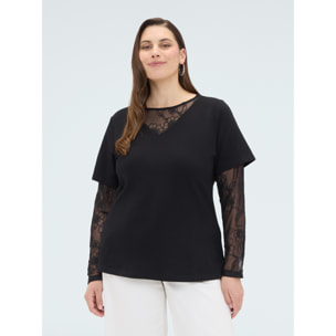 Fiorella Rubino - T-shirt con maniche e scollo in pizzo - Nero