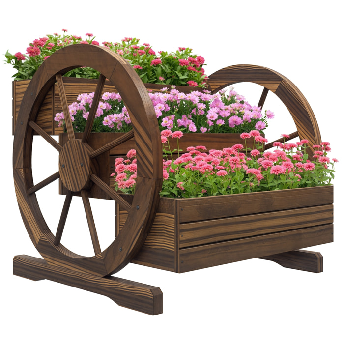 Jardinera de Madera Macetero Exterior de 3 Niveles Diseño de Escalera y Forma de Ruedas Orificios de Drenaje Huerto Urbano Cultivos Plantas Flores en Terraza Jardín 61x62x57 cm