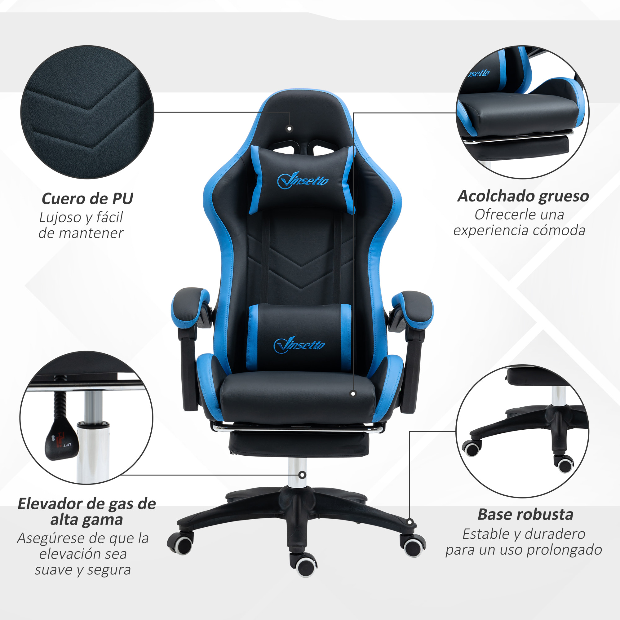 Silla Gaming Ergonómica, Silla Gamer de Cuero PU con Reclinable 135°, Soporte Lumbar, Altura Ajustable, Reposacabezas y Reposapiés Retráctil, para Oficina, Estudio, Negro y Azul