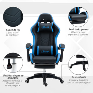 Silla Gaming Ergonómica, Silla Gamer de Cuero PU con Reclinable 135°, Soporte Lumbar, Altura Ajustable, Reposacabezas y Reposapiés Retráctil, para Oficina, Estudio, Negro y Azul
