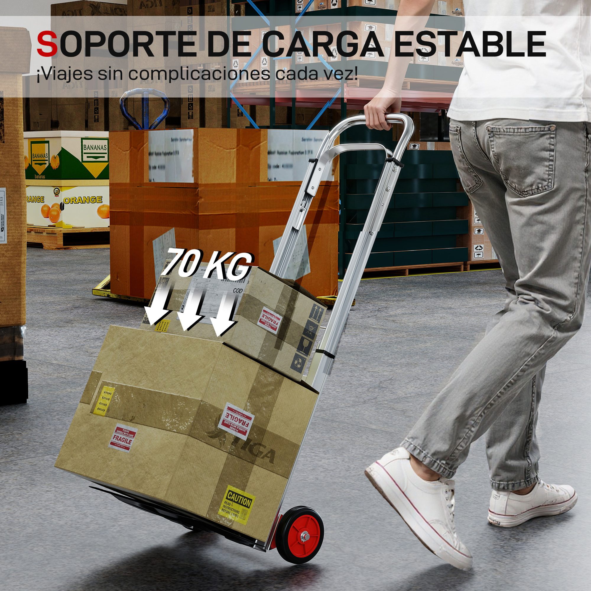 Carretilla Plegable de Aluminio con Mango Telescópico Ajustable, Carga 90 kg, Carretilla de Mano con Ruedas, para Garaje, Oficina, Equipaje, Viajes, Mudanzas y Compras, Plata y Negro
