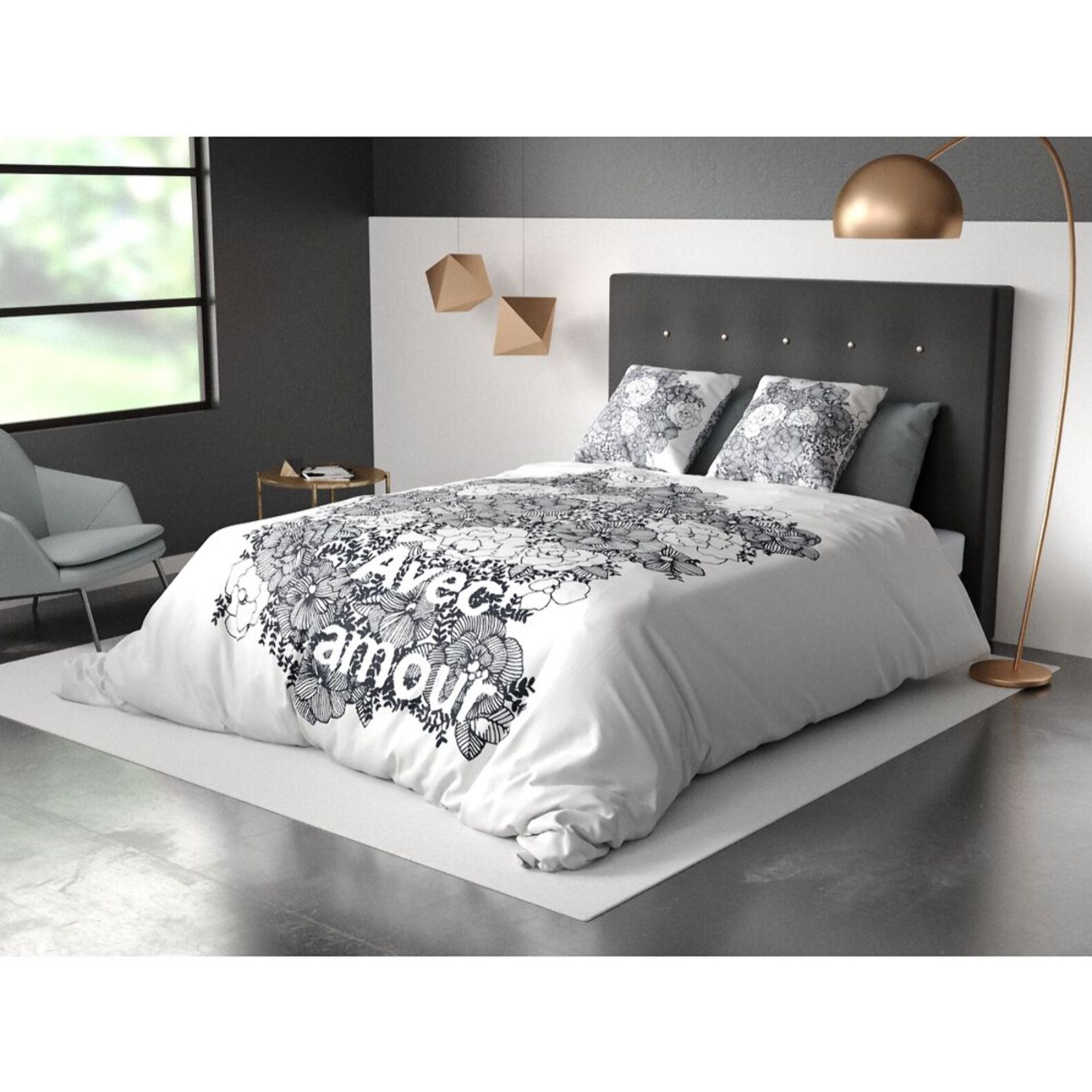 Parure De Couette 3pcs avec Taies oreiller 100% Coton Bio 47 Fils/cm2- Avec Amour