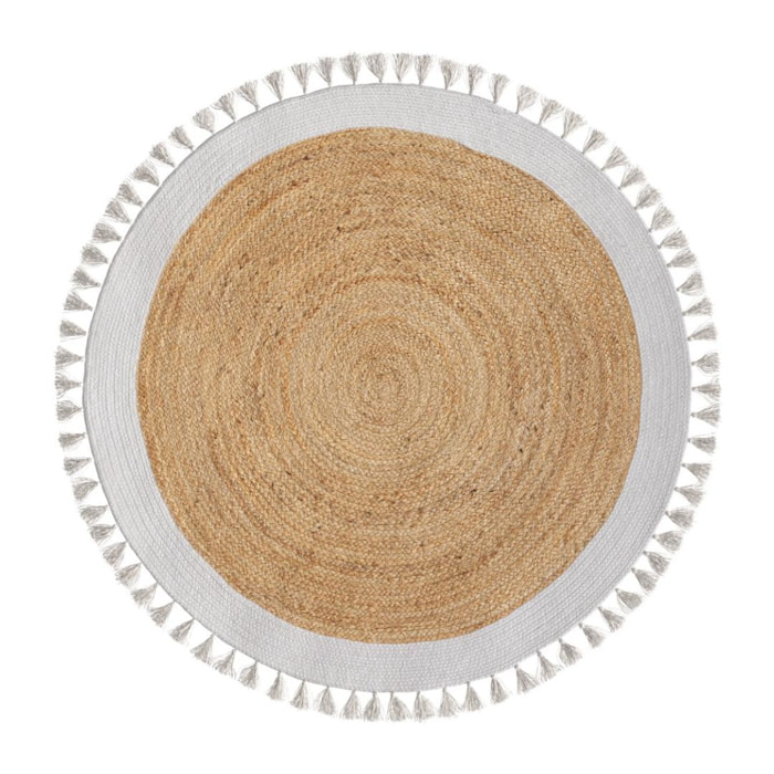 Tapis rond Anais en jute naturel avec bordure et frange blanche D120 cm