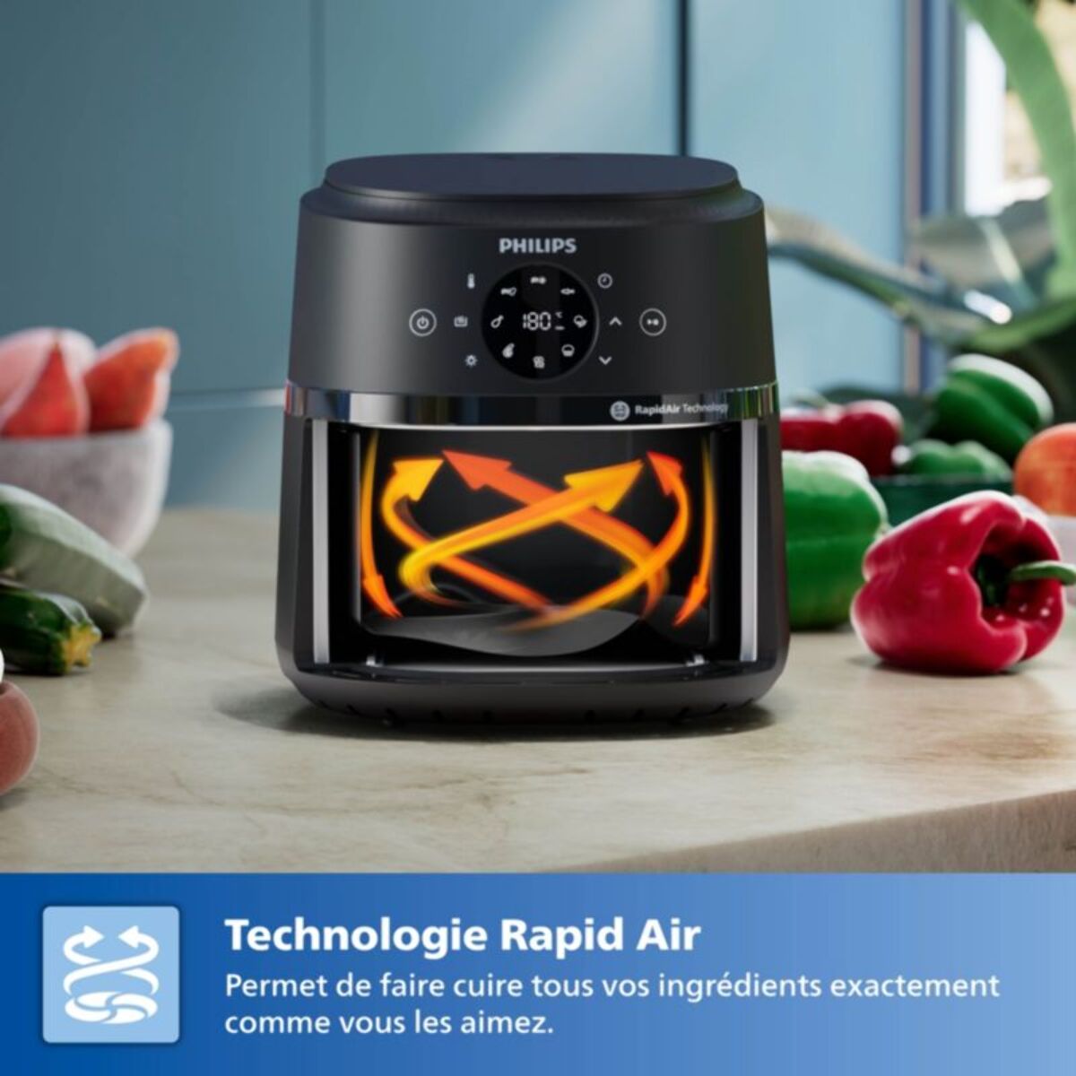 Airfryer PHILIPS NA221/00 Friteuse sans huile avec fenêtre de cuisson Noir/Argent, Série 2000 4.2L