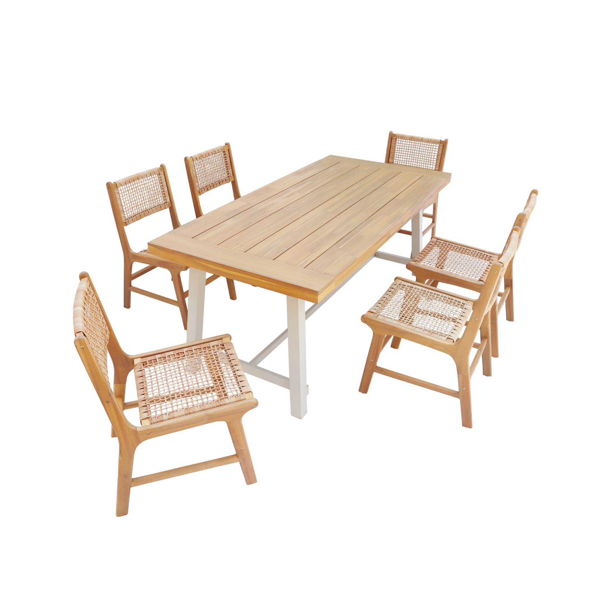 Table intérieur/extérieur bois d'acacia et métal + 6 assises en résine tressée