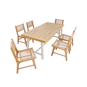 Table intérieur/extérieur bois d'acacia et métal + 6 assises en résine tressée