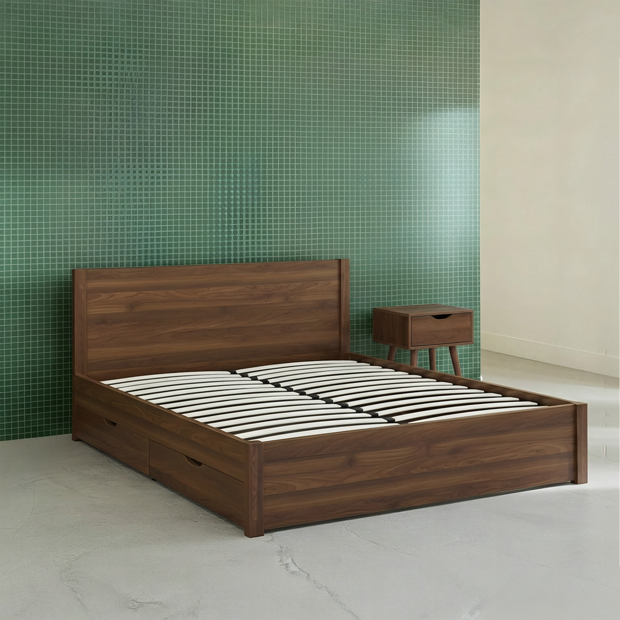 Lit avec sommier à lattes et tête de lit 140 x 190cm + 4 tiroirs décor bois NEPAL