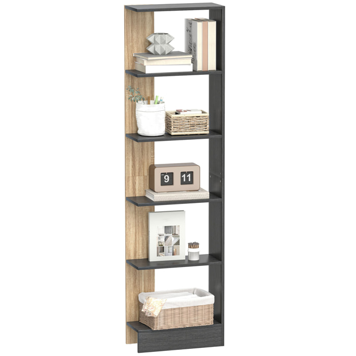 Estantería de 5 Niveles, Estantería Almacenaje, Librería Estrecha para Espacios Pequeños, Sala de Estar y Cocina, 45x21x170 cm, Negro y Roble
