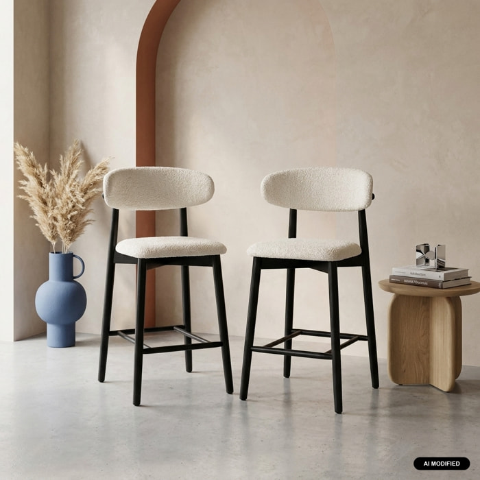 Tabouret de bar bois d'hévéa et tissu bouclette (lot de 2)  PAOLA