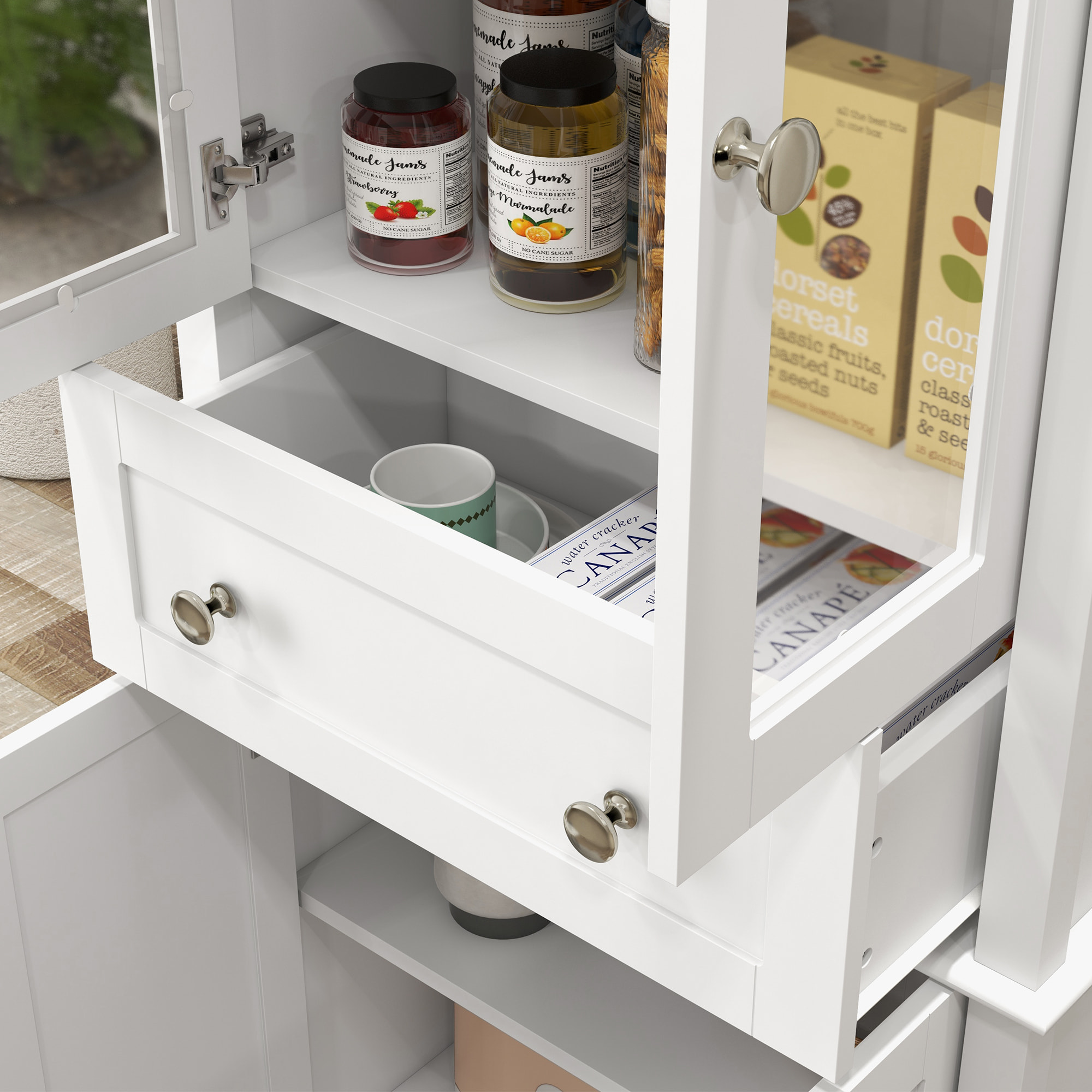 Alacena de Cocina Despensa Armario de Cocina con 2 Puertas de Vidrio Templado Cajón y Estantes Ajustables Aparador para Comedor 61x35x168,5 cm Blanco