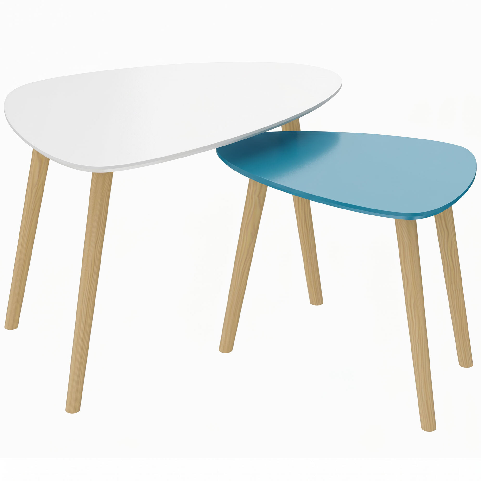 Lot de 2 tables basses gigognes design scandinave forme triangle de reuleaux bois MDF bleu blanc