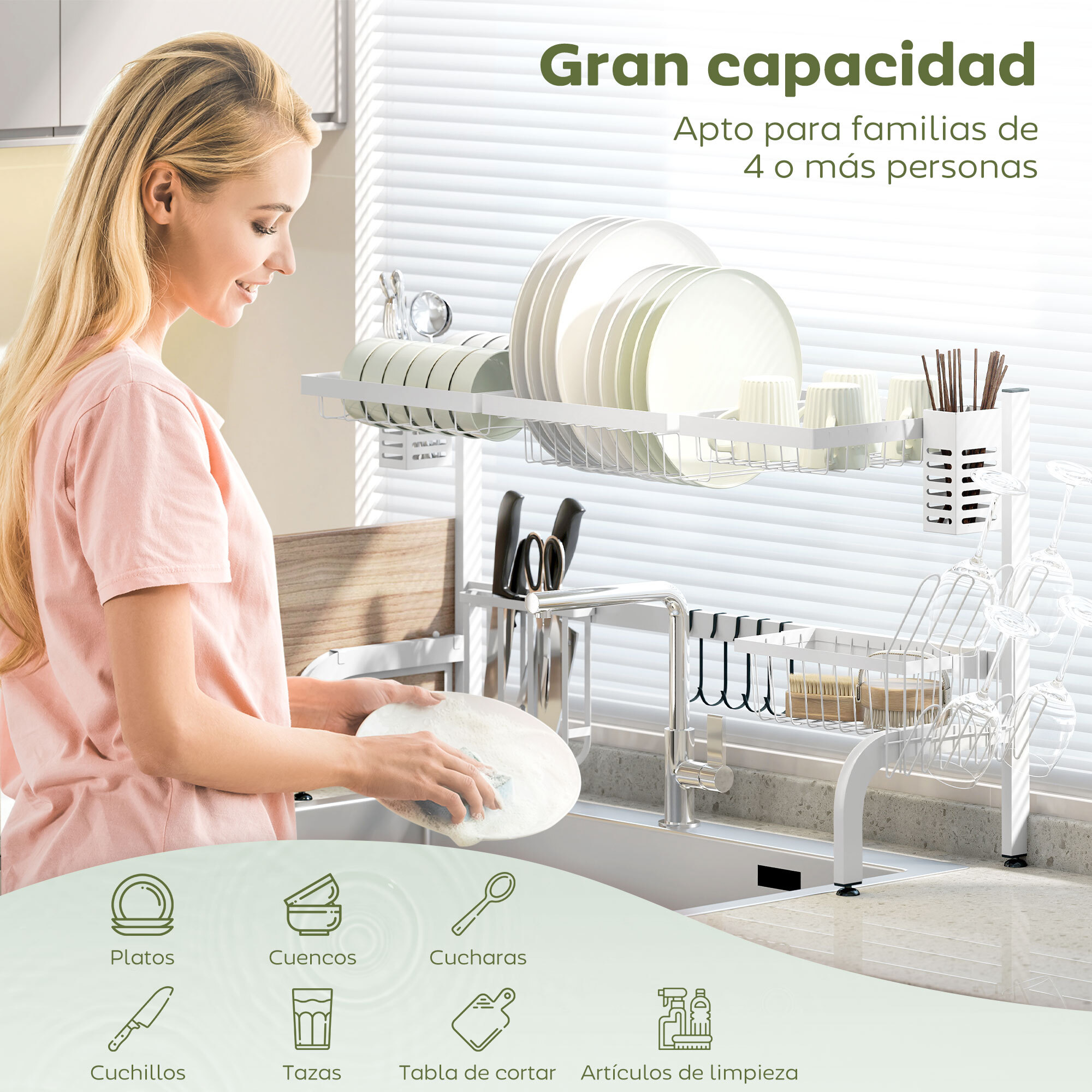 Escurreplatos sobre Fregadero de Acero Escurridor de Platos de 2 Niveles con Soporte para Tabla de Cortar Soporte de Cubiertos 100x30x54,5 cm Blanco