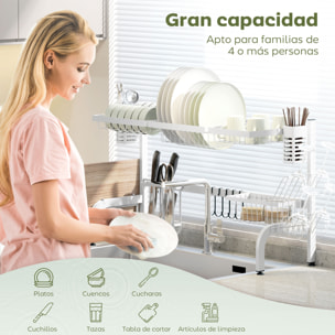 Escurreplatos sobre Fregadero de Acero Escurridor de Platos de 2 Niveles con Soporte para Tabla de Cortar Soporte de Cubiertos 100x30x54,5 cm Blanco