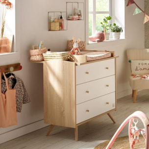 Chambre bébé trio: Lit bébé 70x140 évolutif, commode à langer 3 tiroirs et armoire 2 portes décor bois chêne et blanc