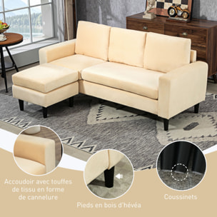 Canapé d'angle réversible 3 places piètement effilé bois noir revêtement velours beige