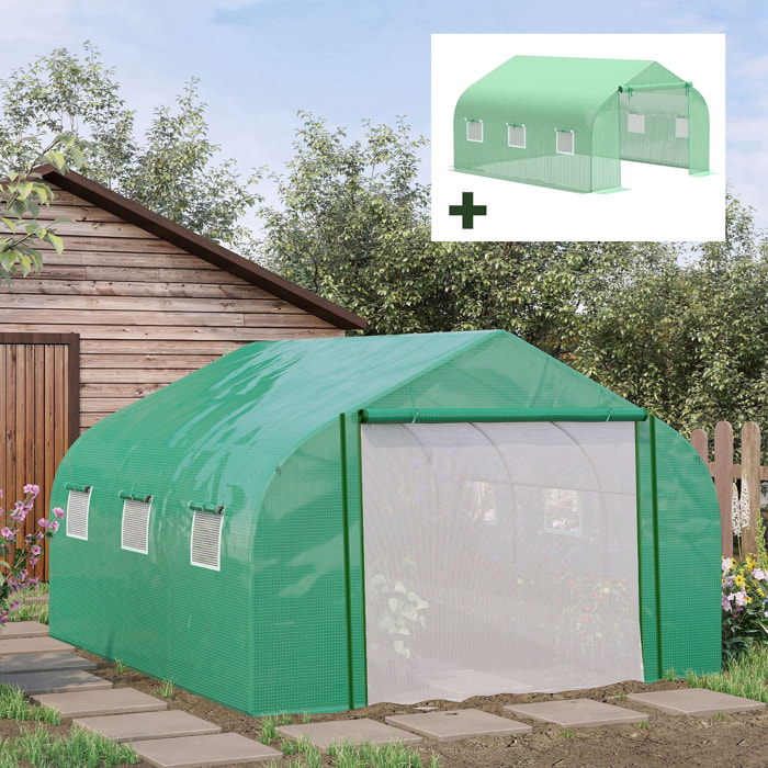 Conjunto de Invernadero de Túnel y Cubierta de Repuesto con Puerta y 6 Ventanas Enrollables para Cultivos Plantas Flores 3,5x3x2 m Verde