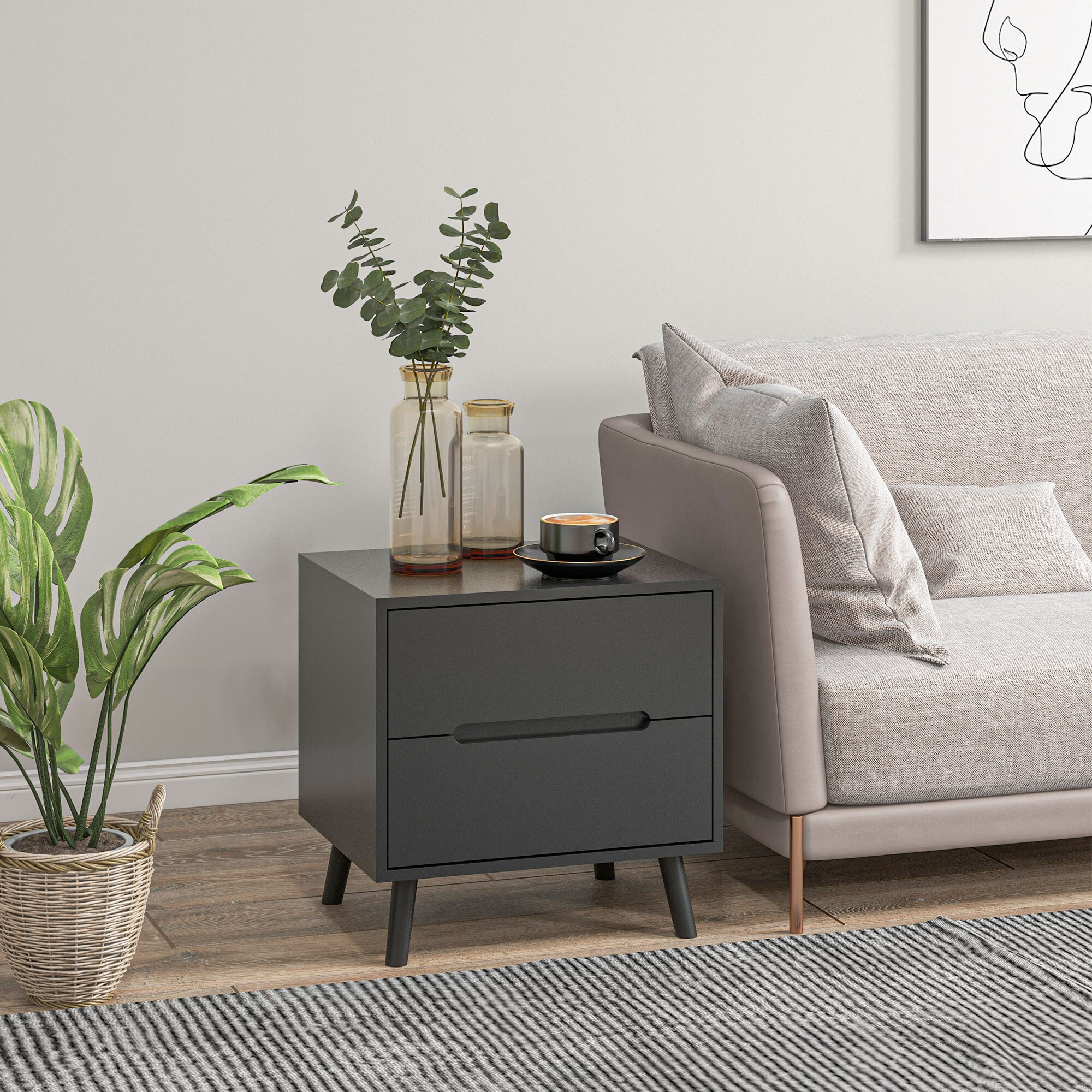 Chevet 2 tiroirs table de nuit style nordique dim. 50 x 40 x 50,5 cm noir