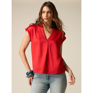 Oltre - Camiseta bimatérica con escote en V - Rojo