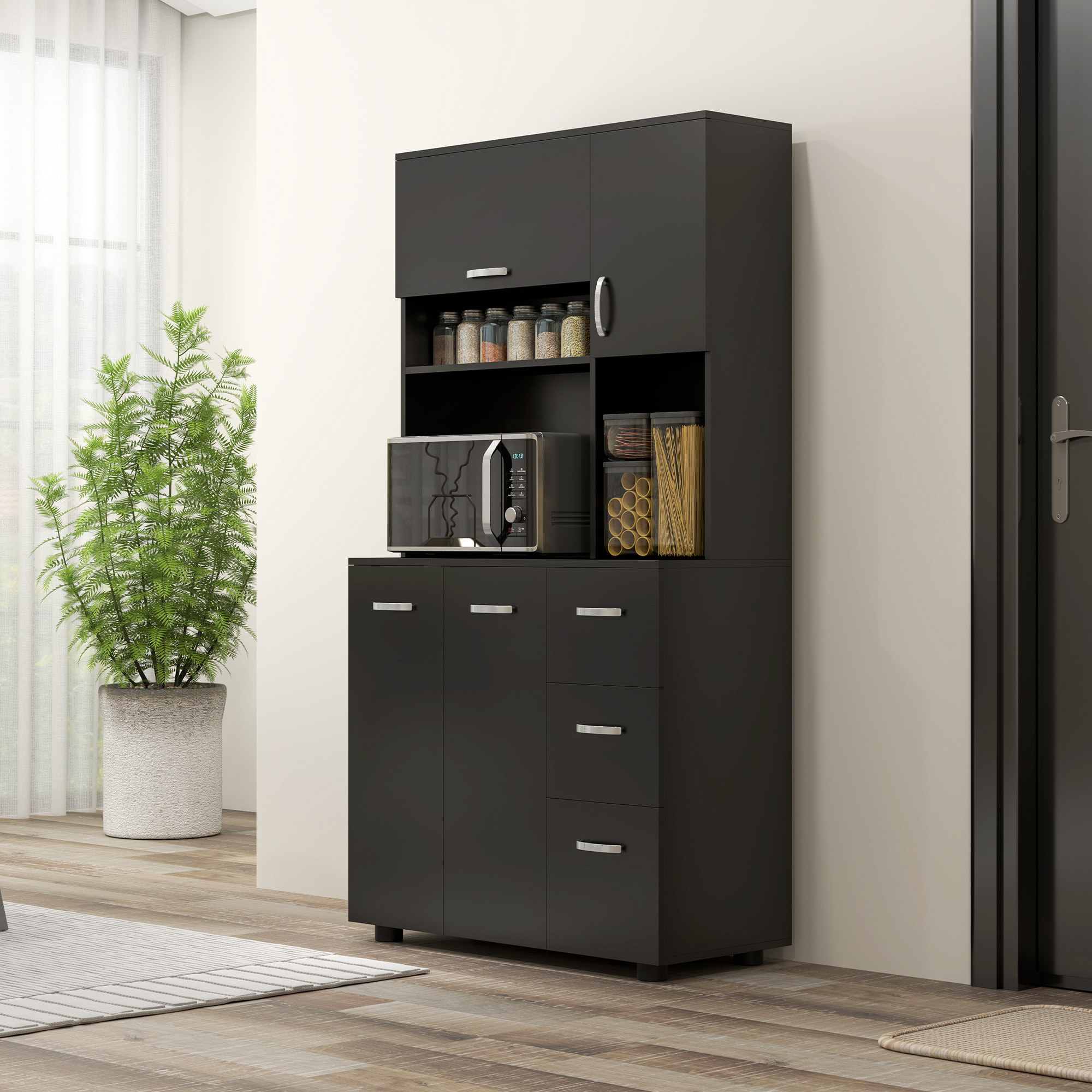 Buffet haut 4 portes 3 tiroirs 2 étagères 2 niches 89L x 39,5l x 168H cm noir