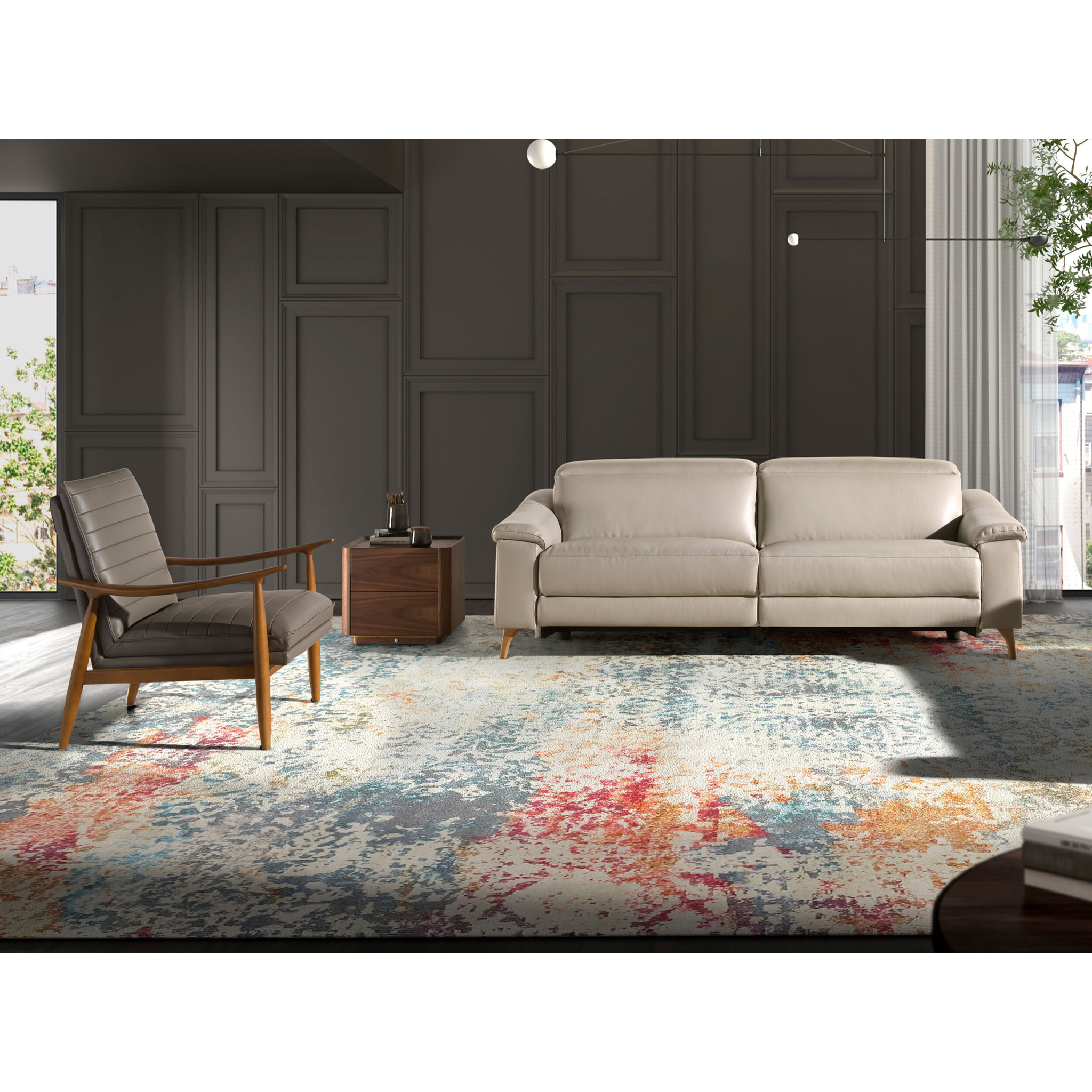 Sofá relax de 3 plazas tapizado en piel de origen vacuno en gris taupe con reposacabezas patas de madera en miel 2 sistemas de relax eléctrico 208x104x102cm