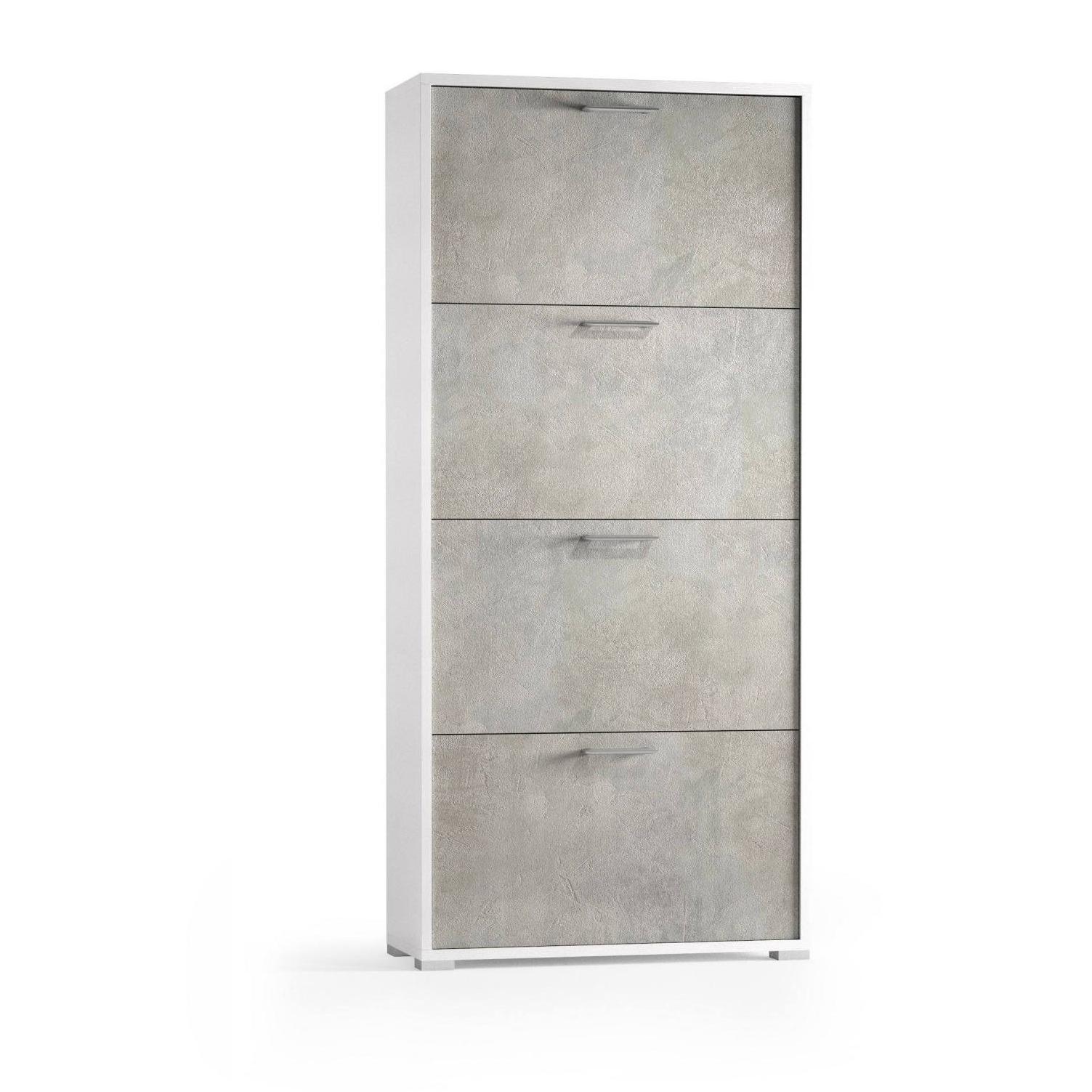 Scarpiera Rosa, Mobile multiuso da ingresso con 4 ante a ribalta, Armadietto portascarpe a doppia profondità, 100% Made in Italy, Cm 67x28h147, Bianco e Cemento