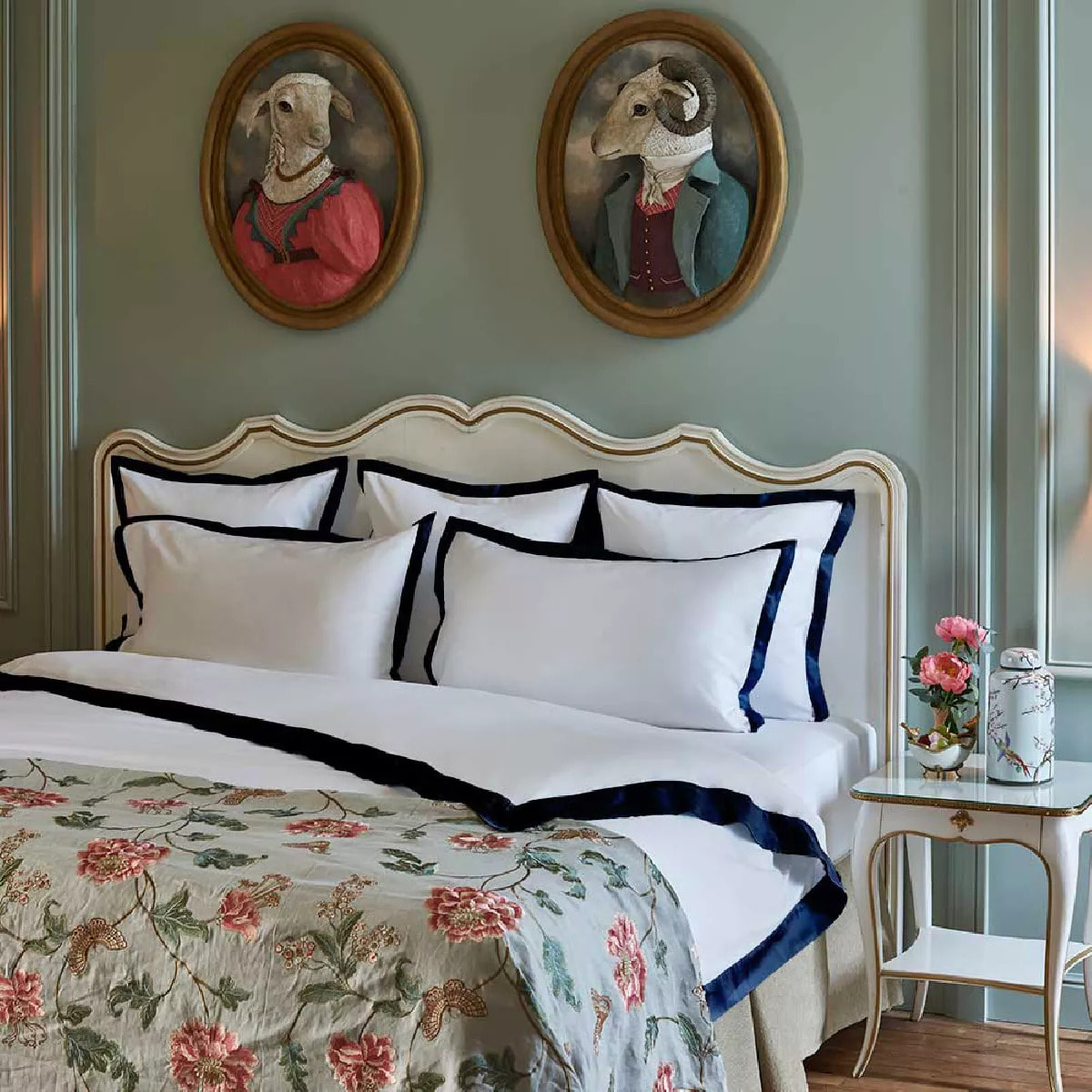 Lot de 2 taies satin de coton jeu d'unis blanc Suite heritage bleu