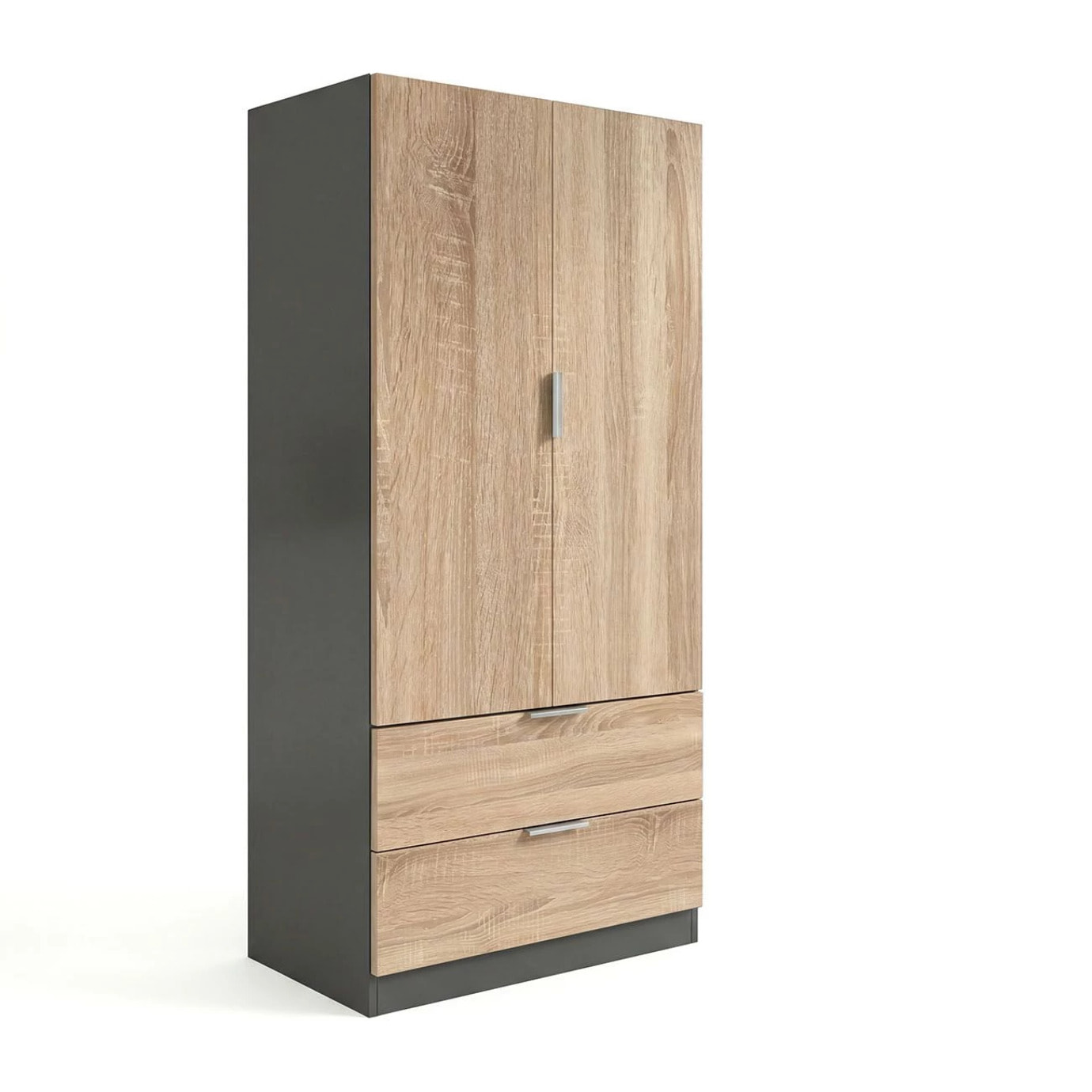 Armario de 2 puertas y 2 cajones en gris grafito y roble canadian 81,5x180 cm Lark Gris Grafito - Roble Canadian