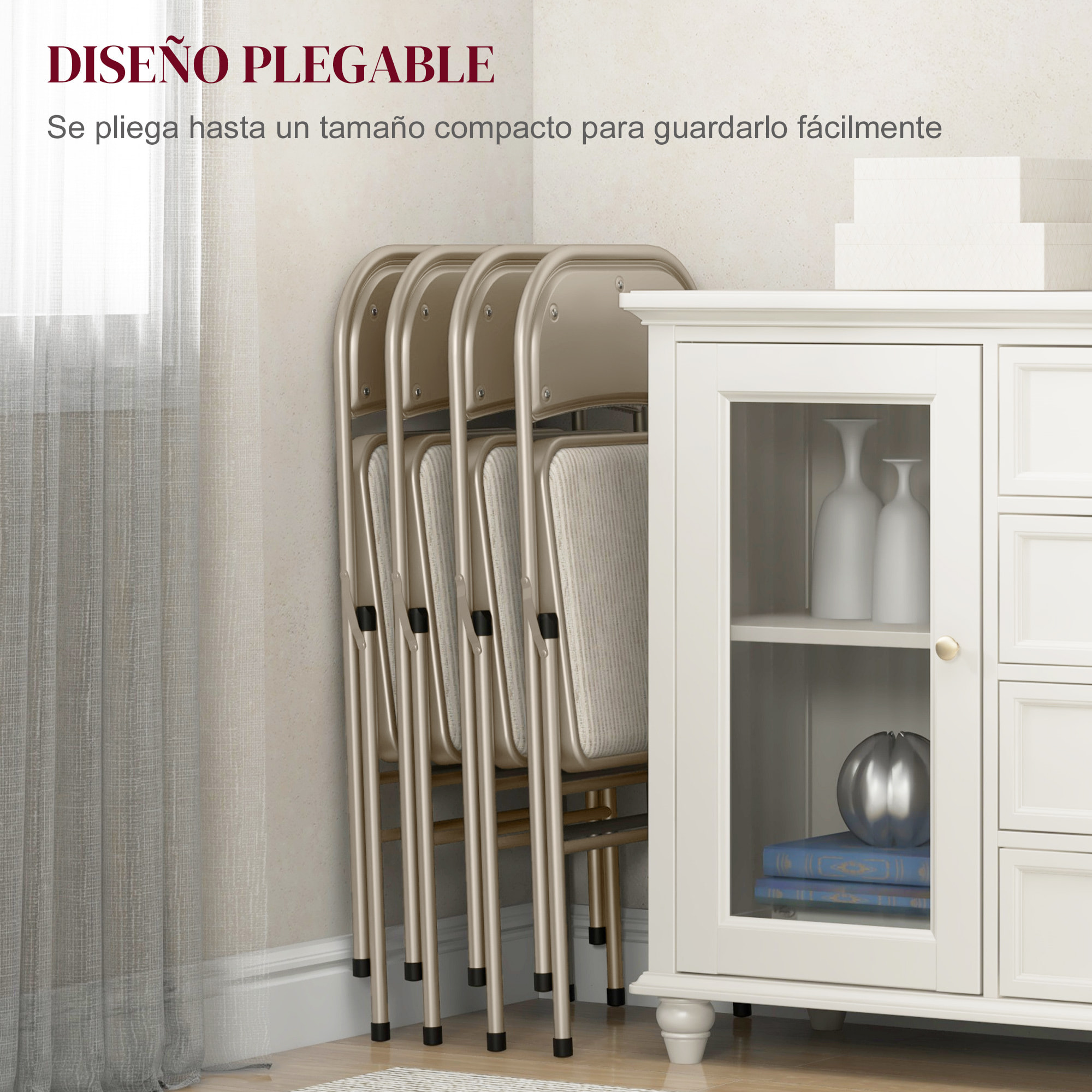 Juego de 4 Sillas Plegables Tapizadas en Lino Sintético con Respaldo y Estructura de Acero, para Salón, Comedor, Cocina, 45x46x78 cm, Beige
