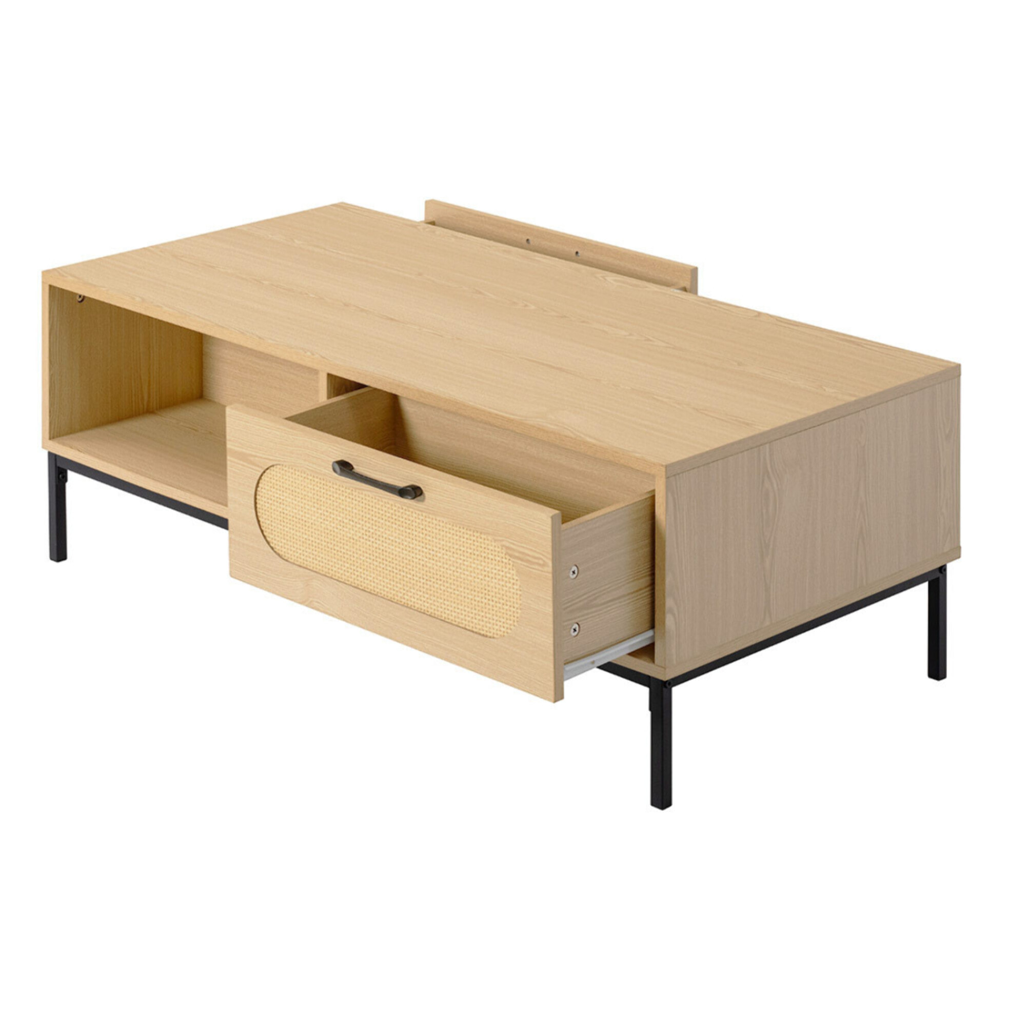 Nagato - table basse - cannage et effet bois - 1 tiroir et 1 niche - 110 cm - Bois / Noir